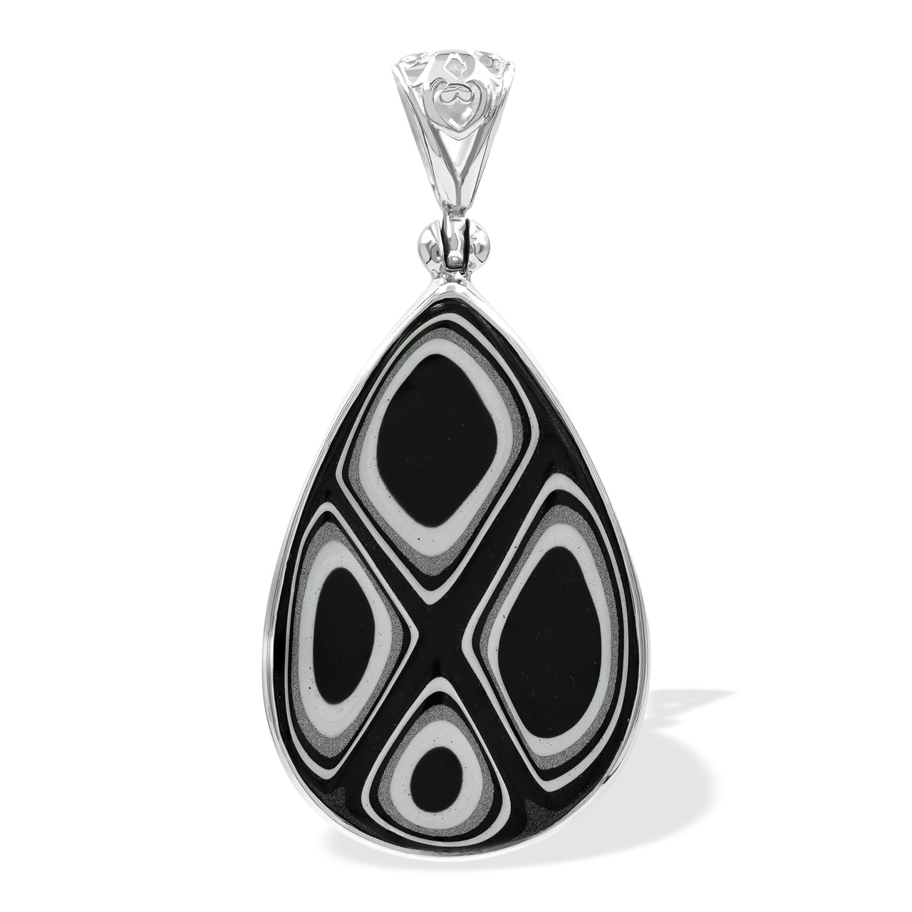 Black & White Fordite pear pendant 1.75" tall.
