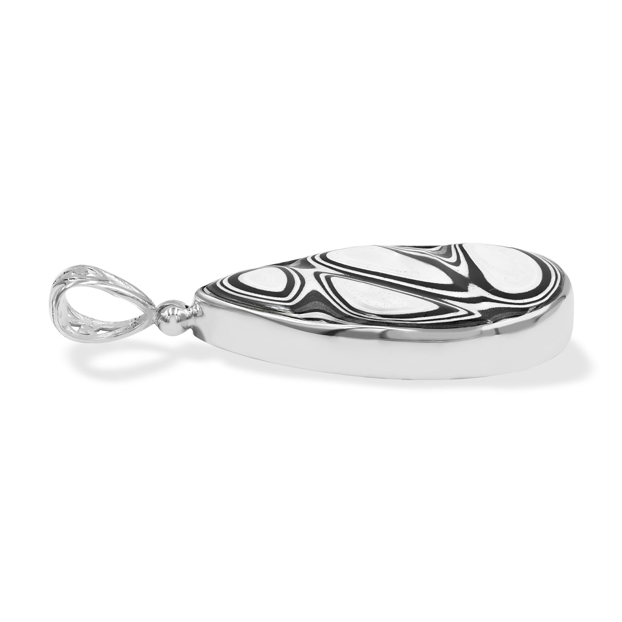 Black & White Fordite pear pendant 1.75" tall.