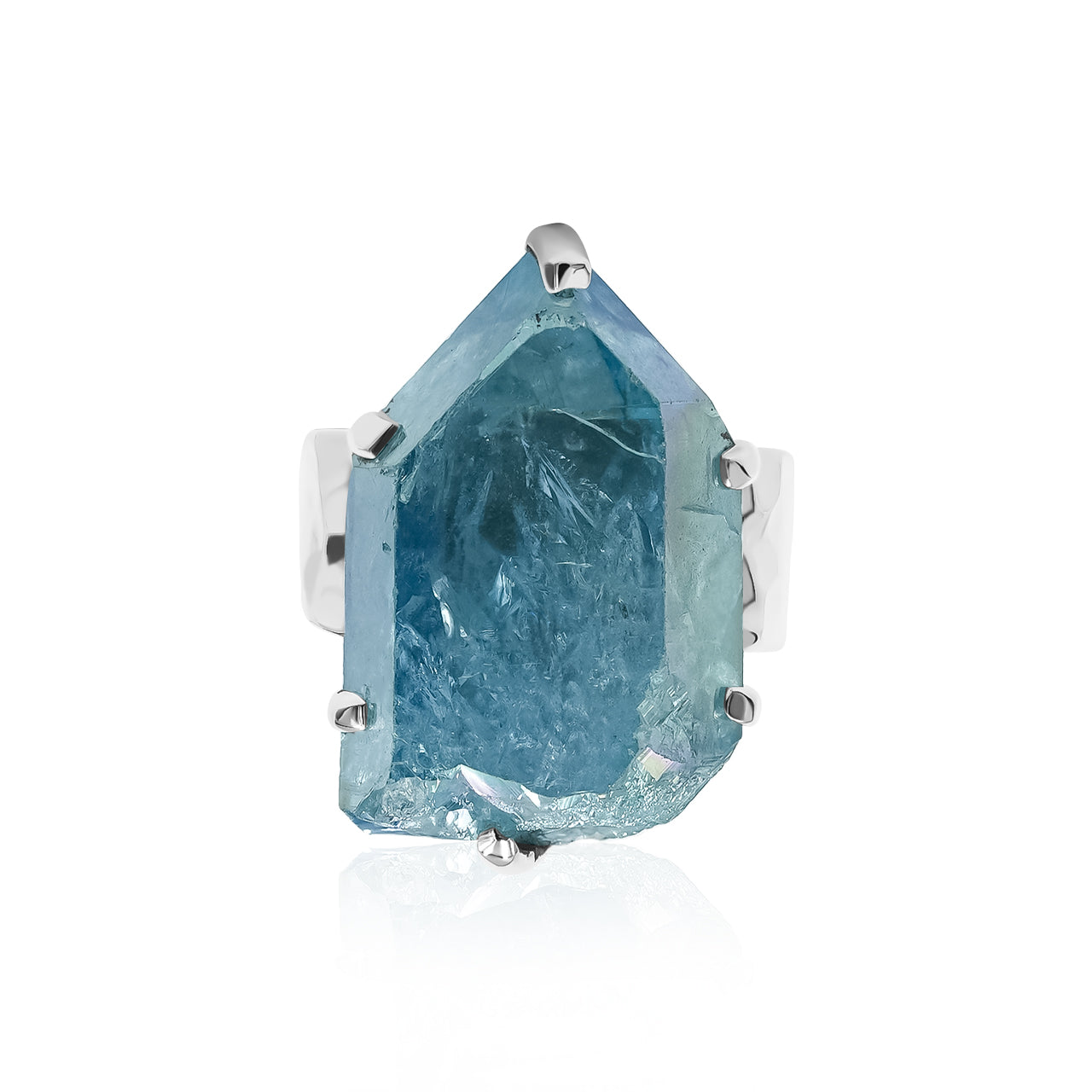 Aqua Aura Quartz Crystal Prong Set Ring