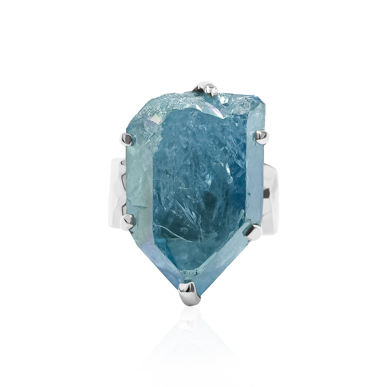 Aqua Aura Quartz Crystal Prong Set Ring