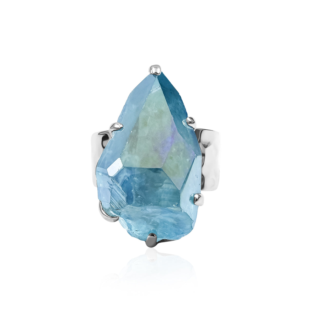 Aqua Aura Quartz Crystal Prong Set Ring