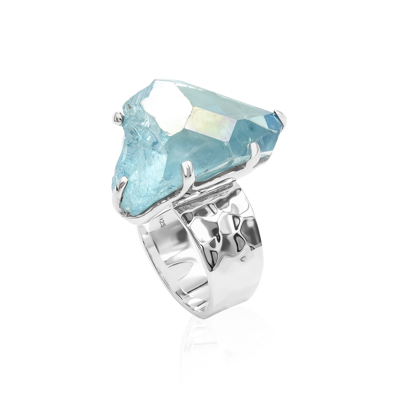 Aqua Aura Quartz Crystal Prong Set Ring