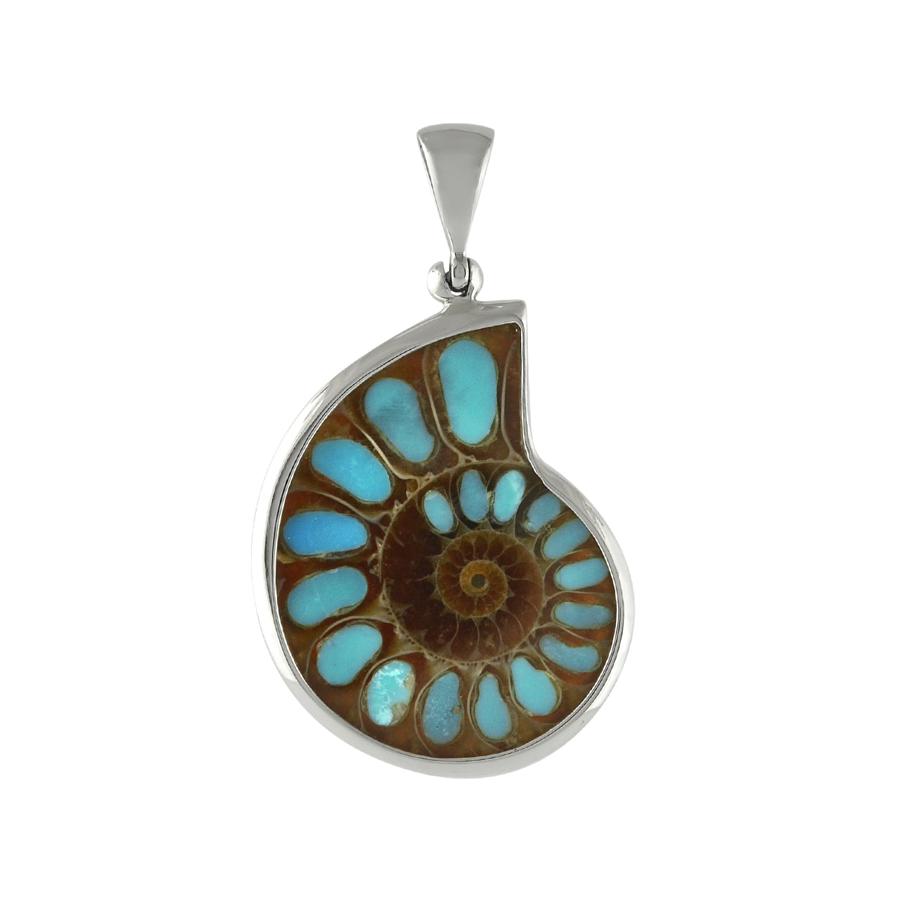 Starborn Ammonite with Turquoise Inlay Pendant in Sterling Silver