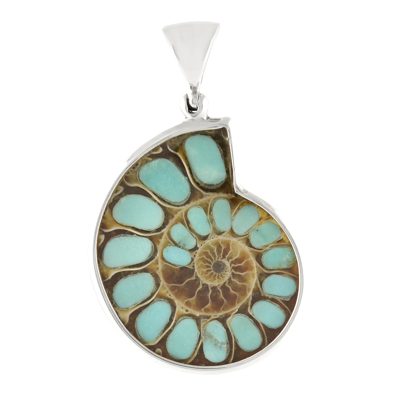 Starborn Ammonite with Turquoise Inlay Pendant in Sterling Silver