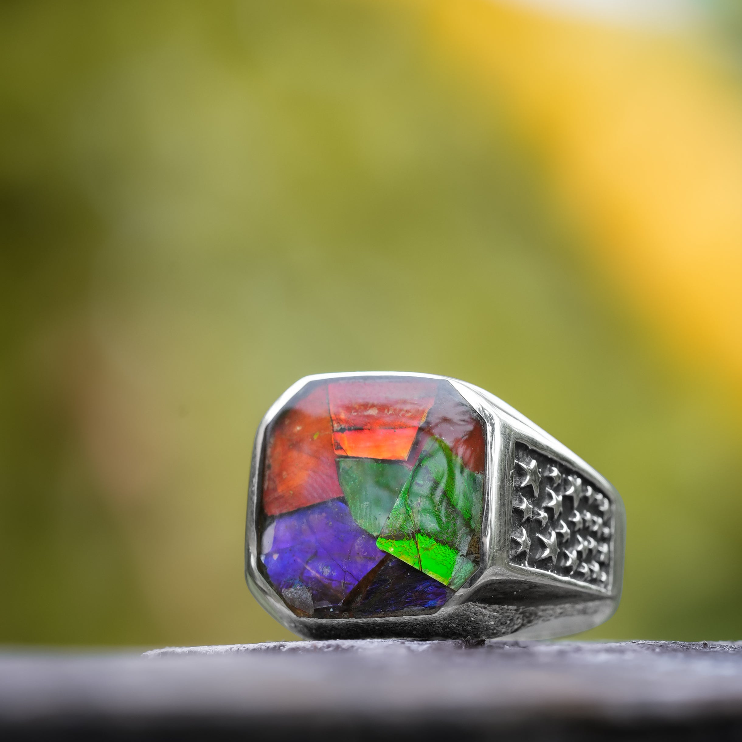 Starborn Ammolite Inlay Octagon Ring in Sterling Silver