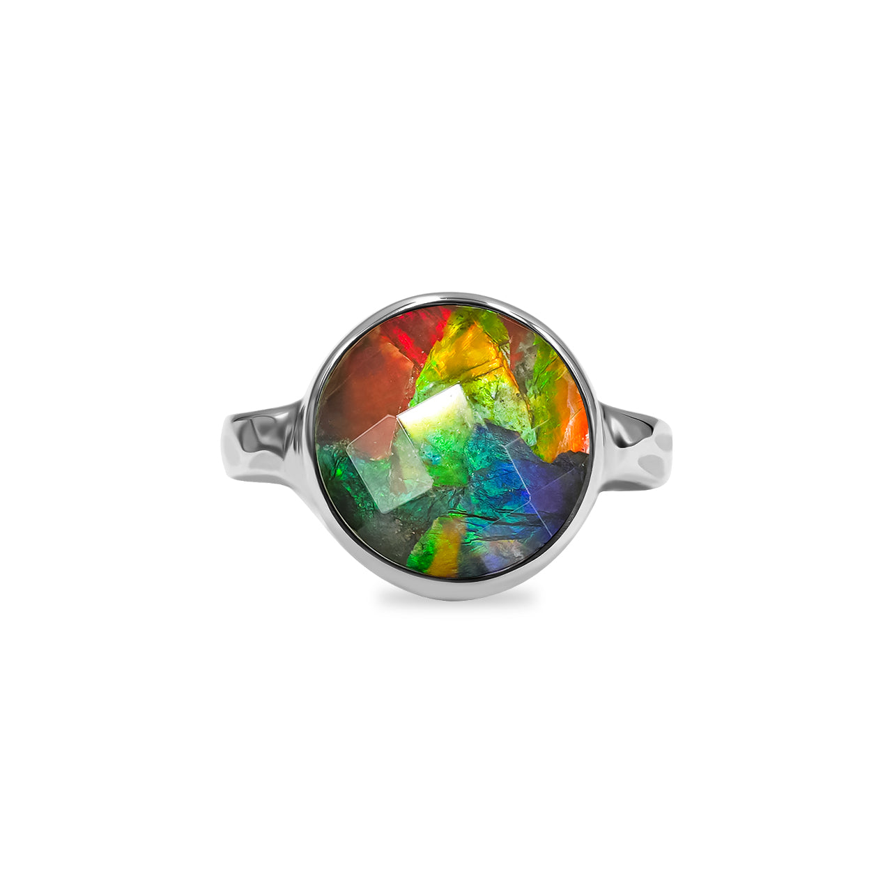 Faceted Ammolite Round Ring in Sterling Silver