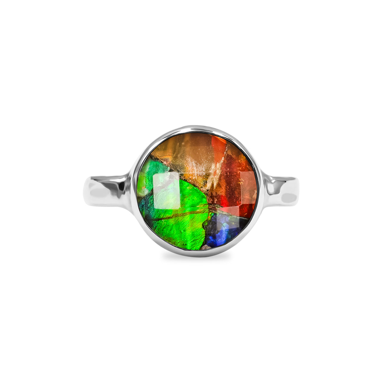 Faceted Ammolite Round Ring in Sterling Silver