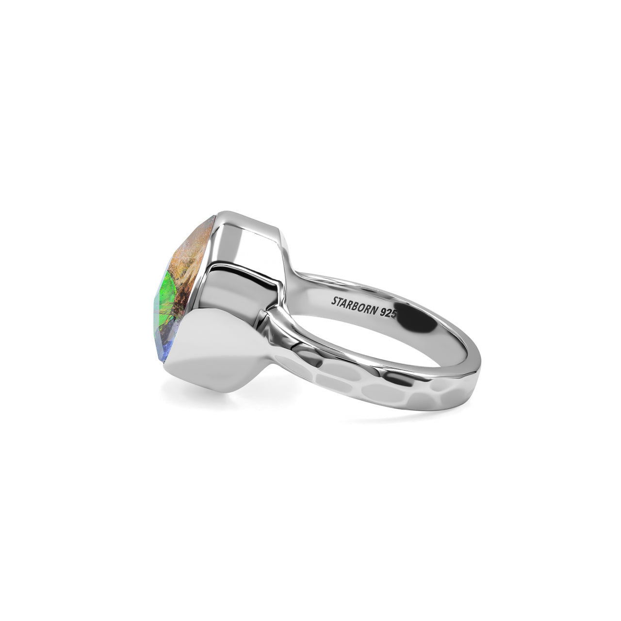 Faceted Ammolite Round Ring in Sterling Silver