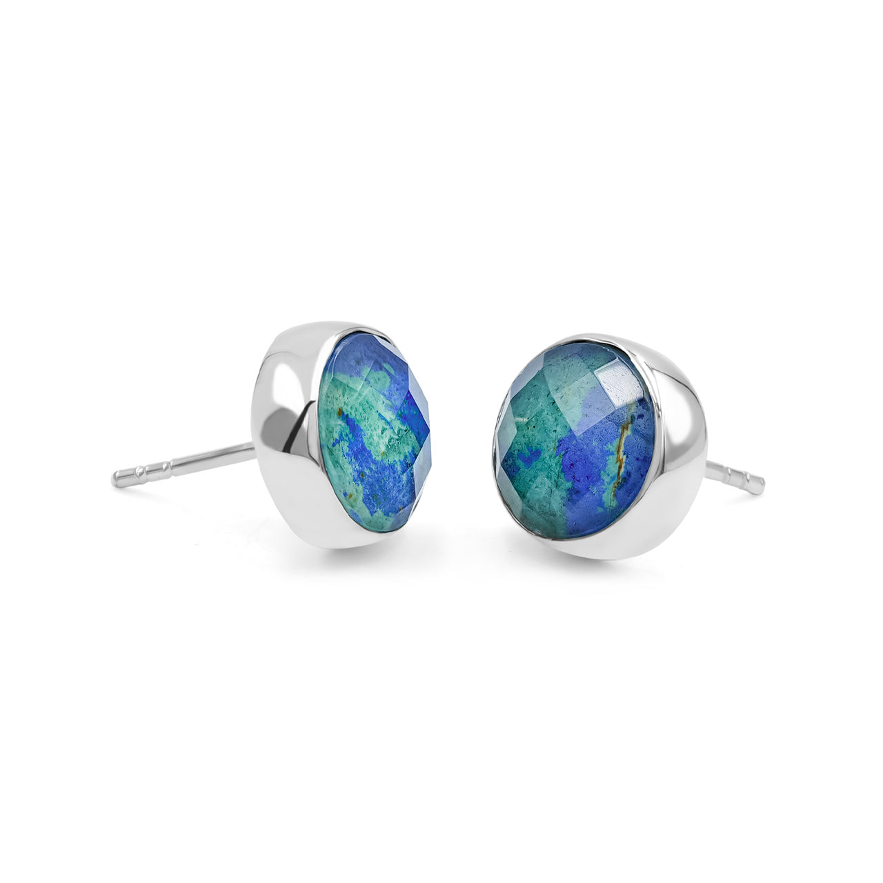 Faceted Azurite Malachite Round 10mm Post Earrings