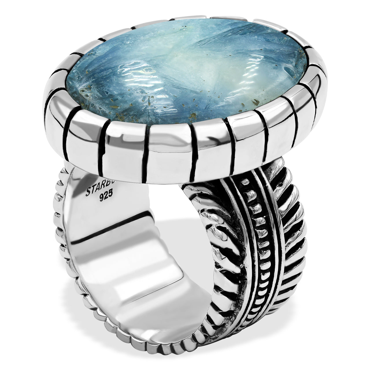 Starborn Blue Ice Glacierite Oval 25mm New Style Ring with Bali Design Shank in Sterling Silver