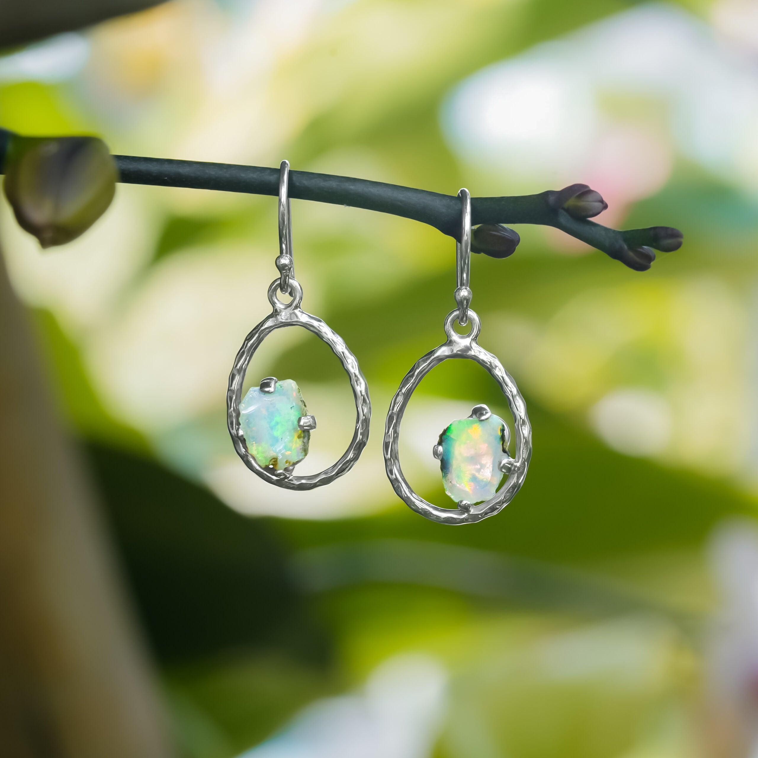 Raw Natural Ethiopian Opal Sterling Silver Hammered Hoop Earrings