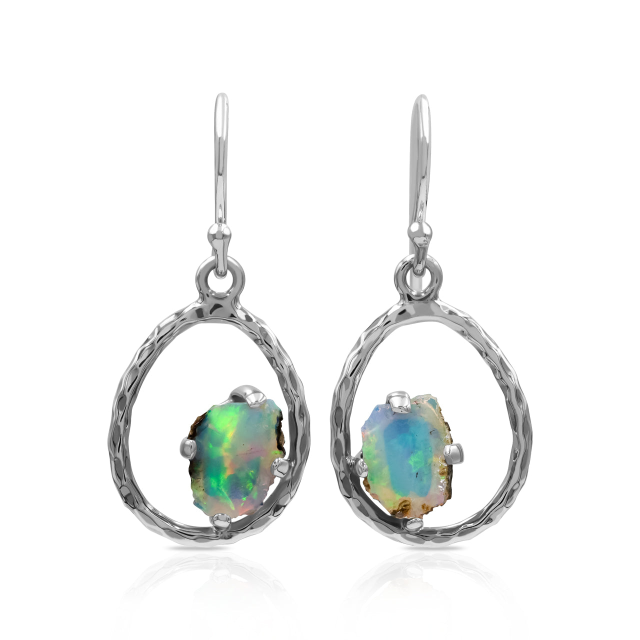 Raw Natural Ethiopian Opal Sterling Silver Hammered Hoop Earrings