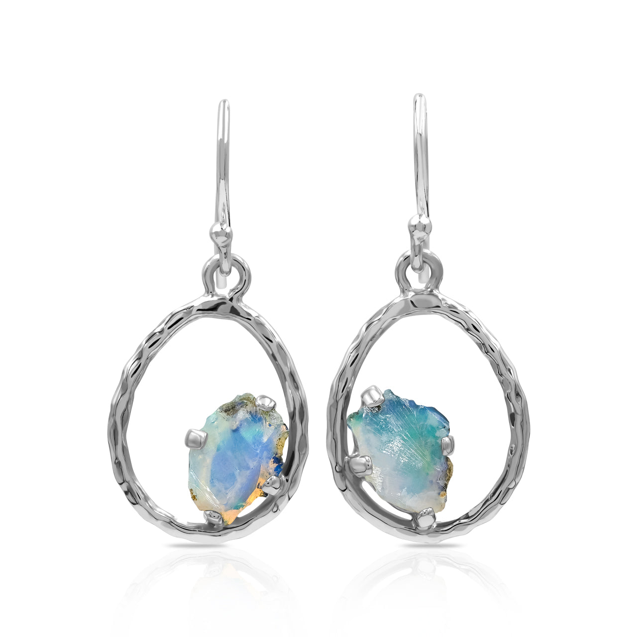 Raw Natural Ethiopian Opal Sterling Silver Hammered Hoop Earrings