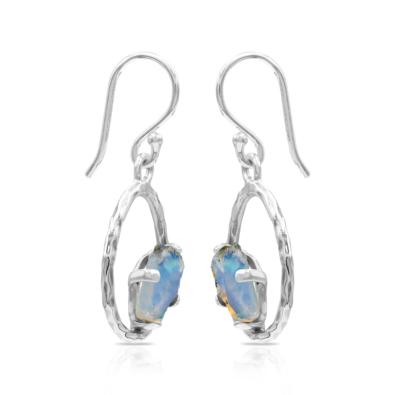 Raw Natural Ethiopian Opal Sterling Silver Hammered Hoop Earrings