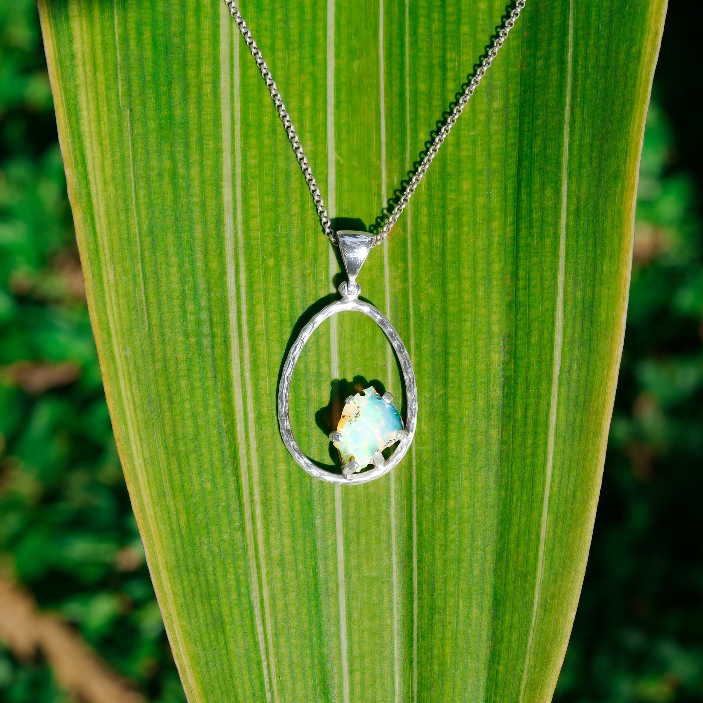 Raw Natural Ethiopian Opal 925 Sterling Silver Hammered Hoop Pendant