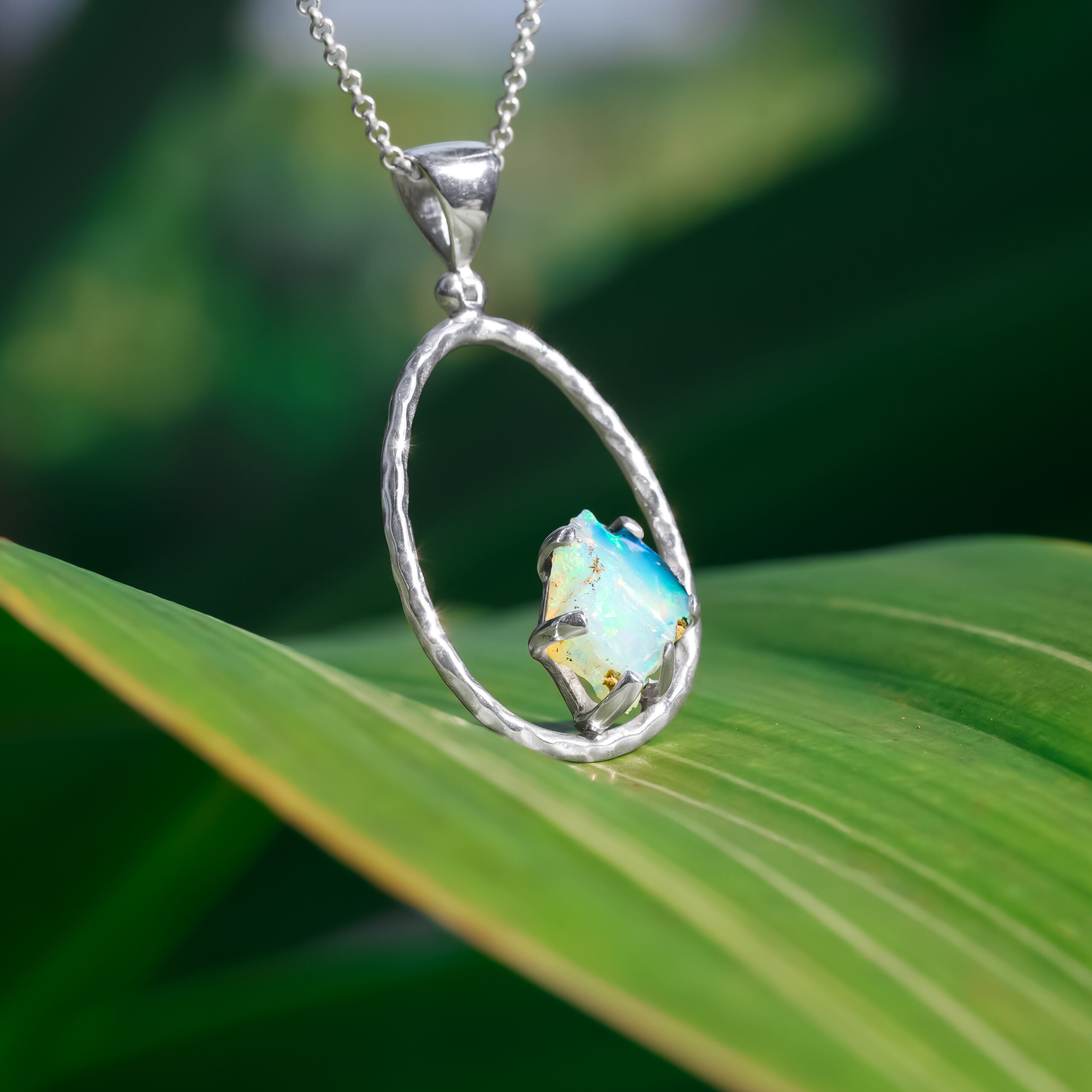 Raw Natural Ethiopian Opal 925 Sterling Silver Hammered Hoop Pendant