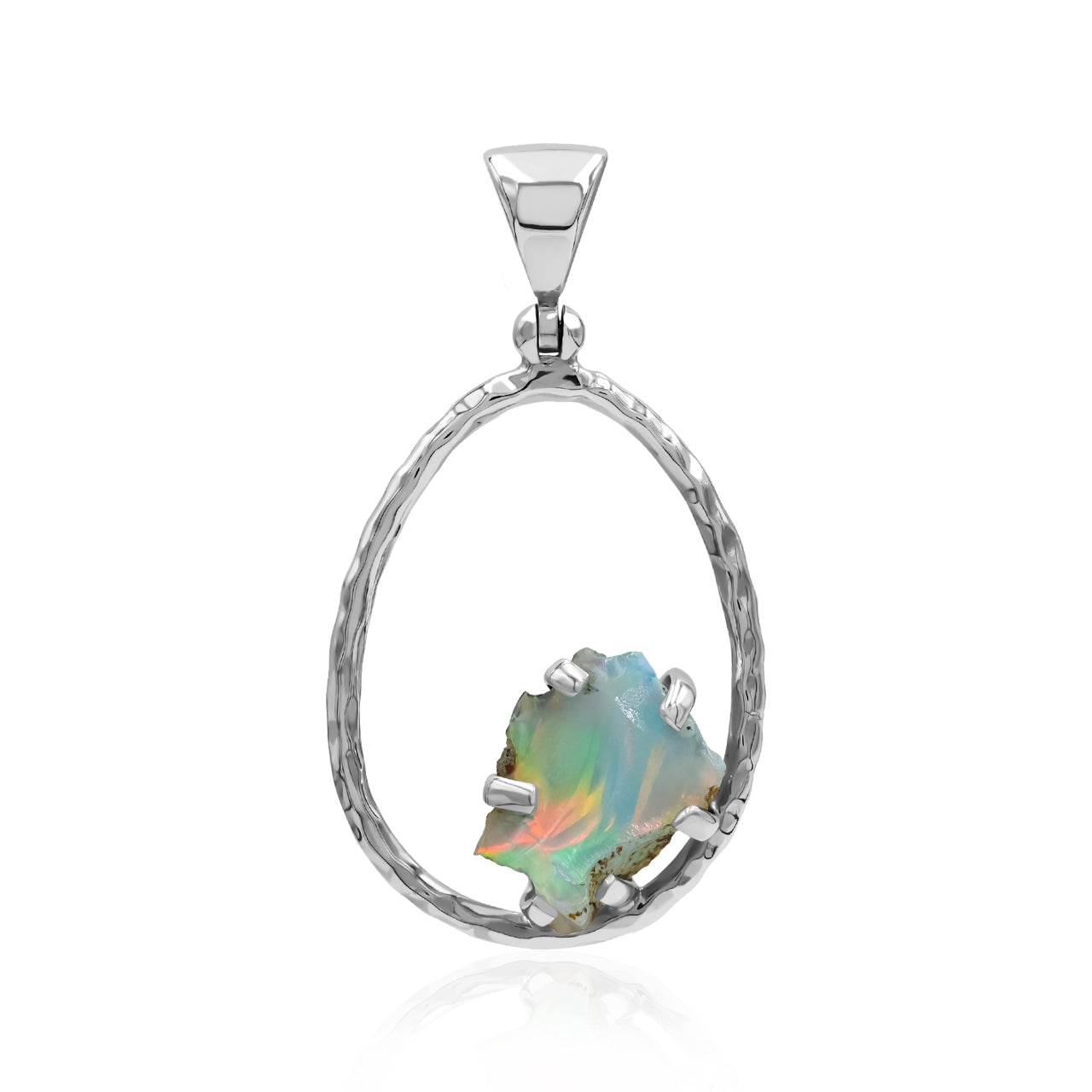 Raw Natural Ethiopian Opal 925 Sterling Silver Hammered Hoop Pendant