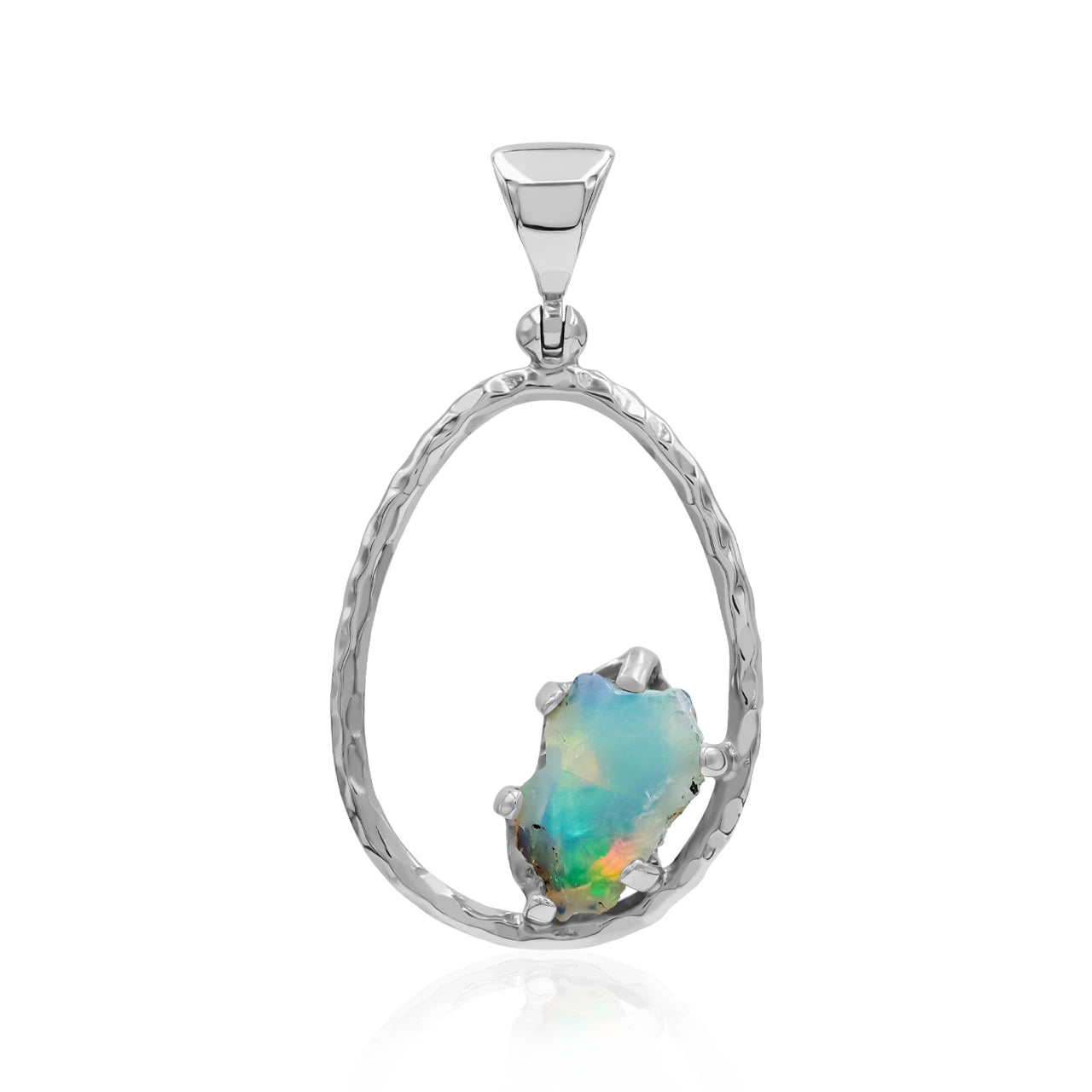 Raw Natural Ethiopian Opal 925 Sterling Silver Hammered Hoop Pendant