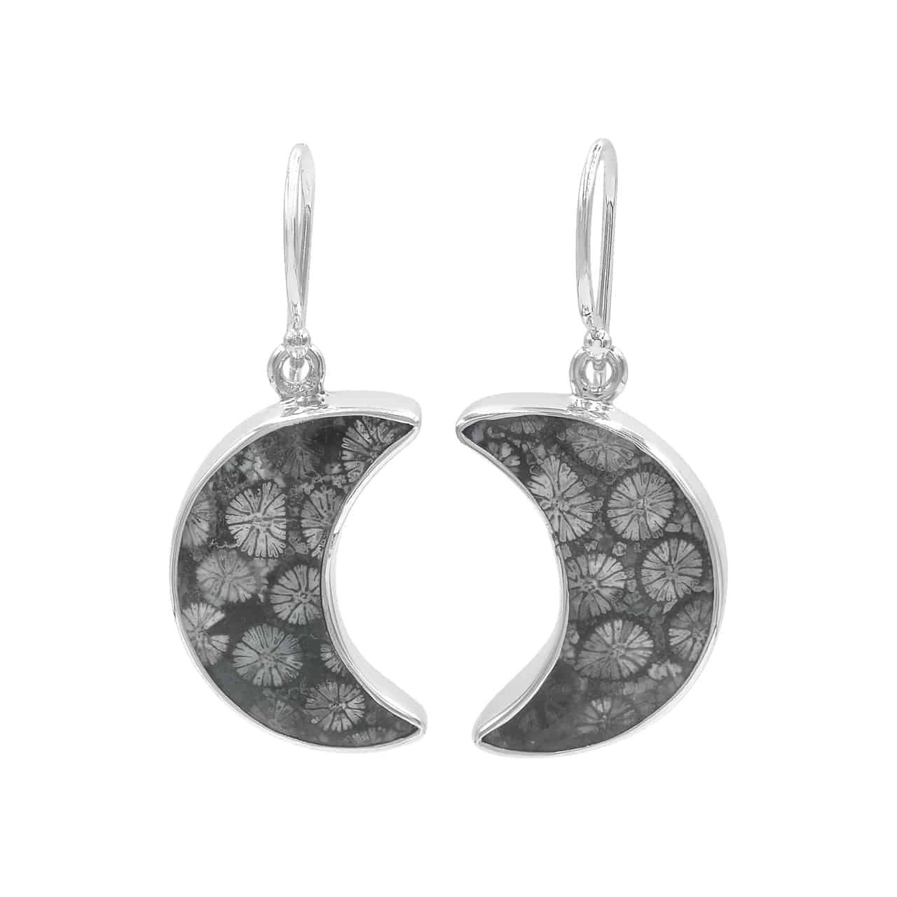 Starborn Fossil Coral Crescent Moon Earrings in Sterling Silver