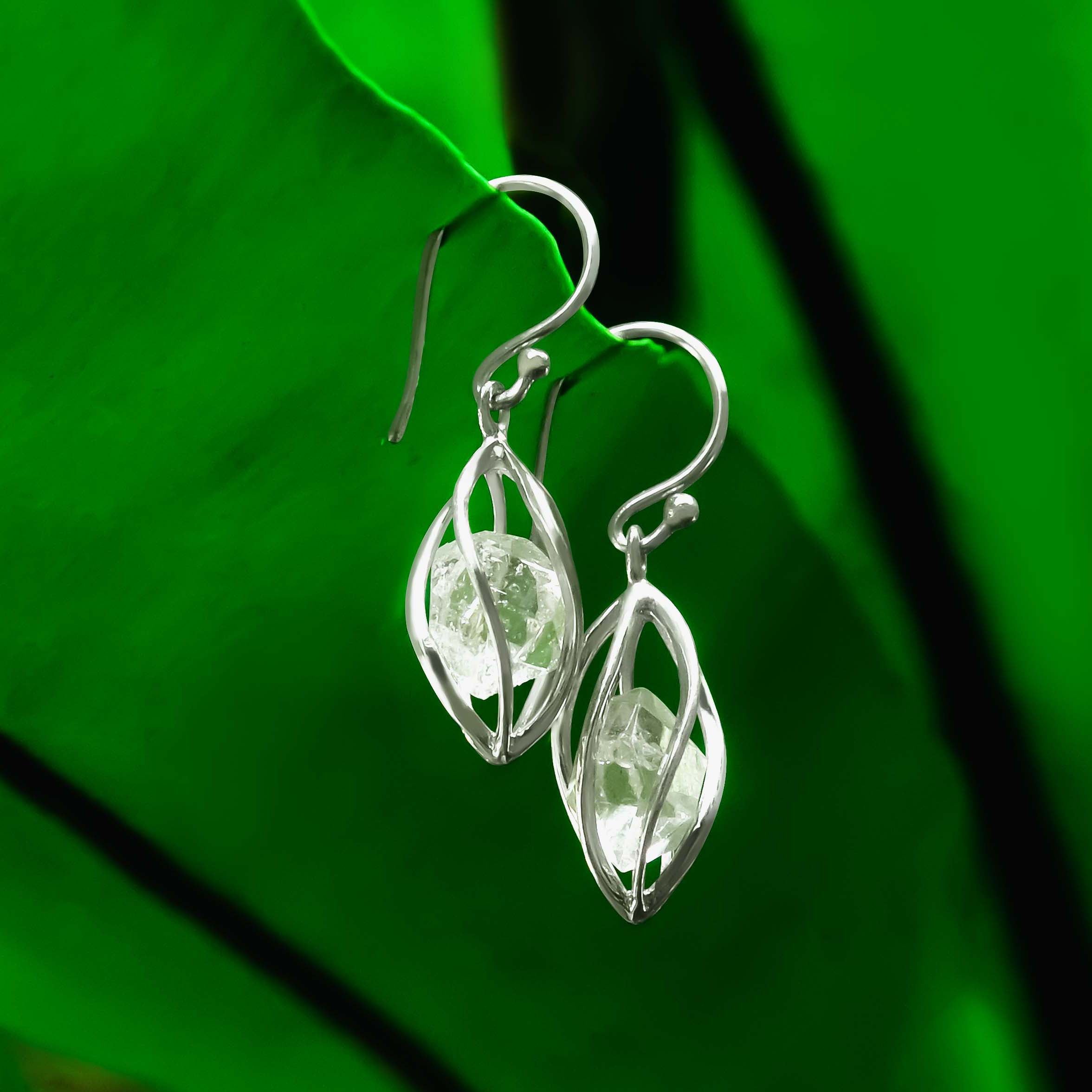 Starborn Herkimer Diamond Quartz Crystal Sterling Silver Caged Earrings