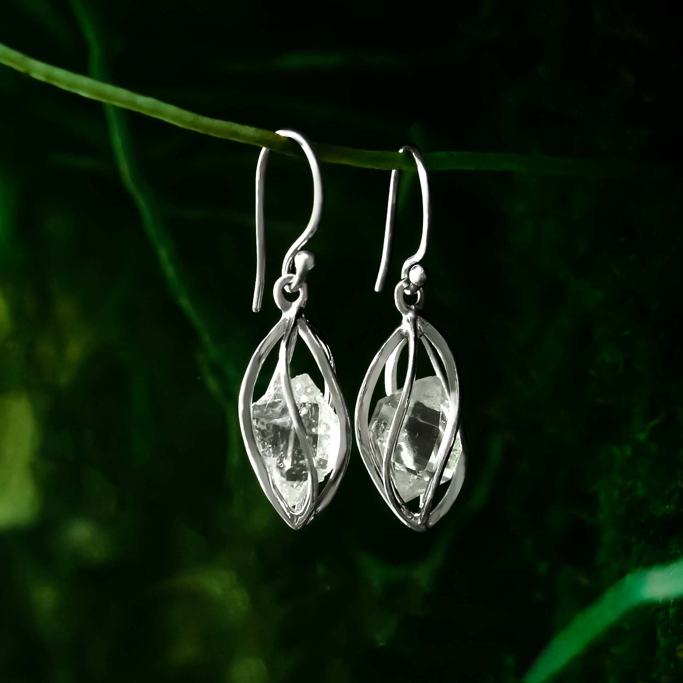 Starborn Herkimer Diamond Quartz Crystal Sterling Silver Caged Earrings