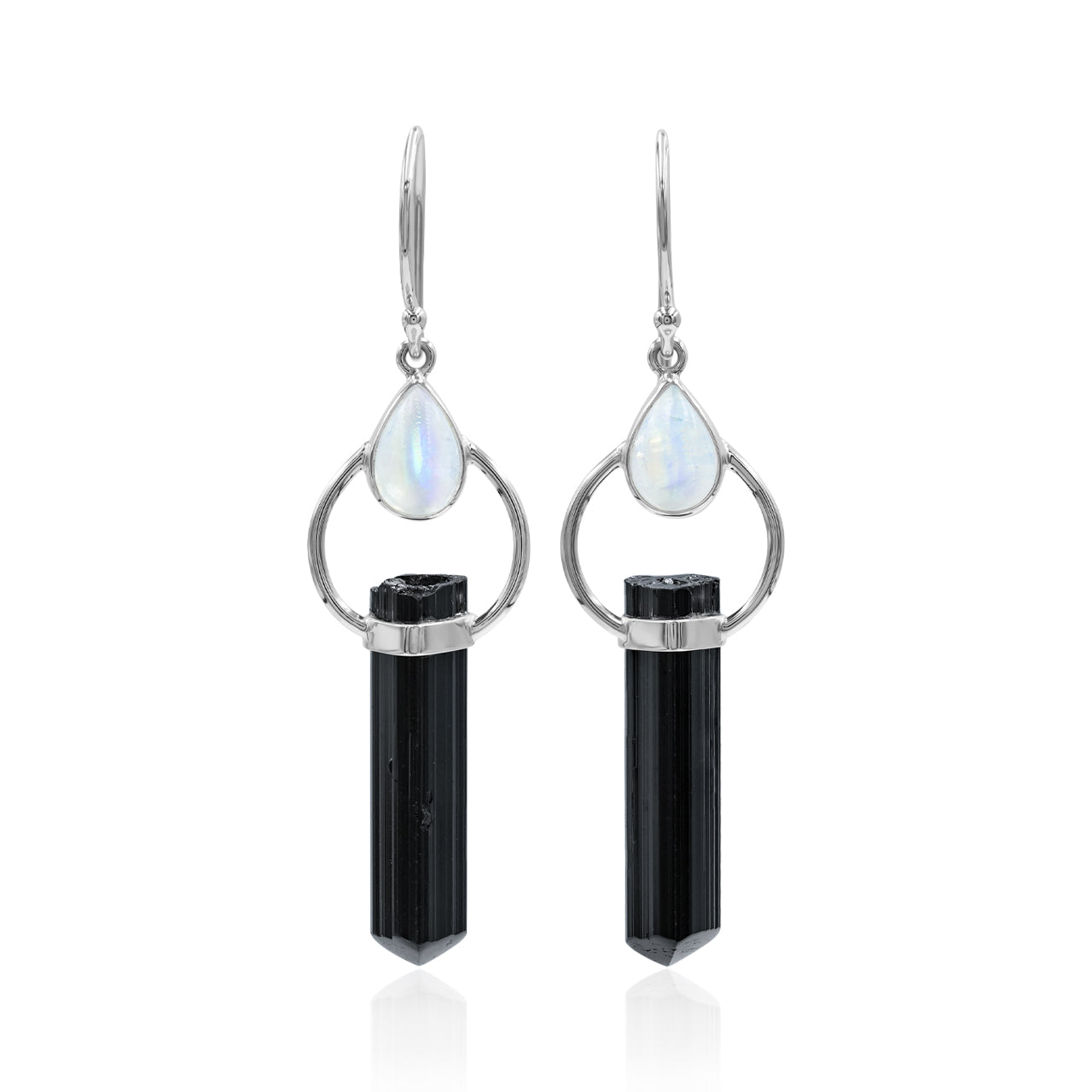 Black Tourmaline with Rainbow Moonstone Earring