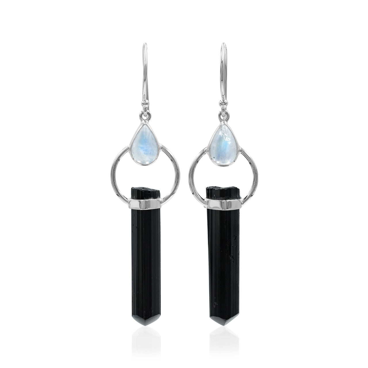 Black Tourmaline with Rainbow Moonstone Earring