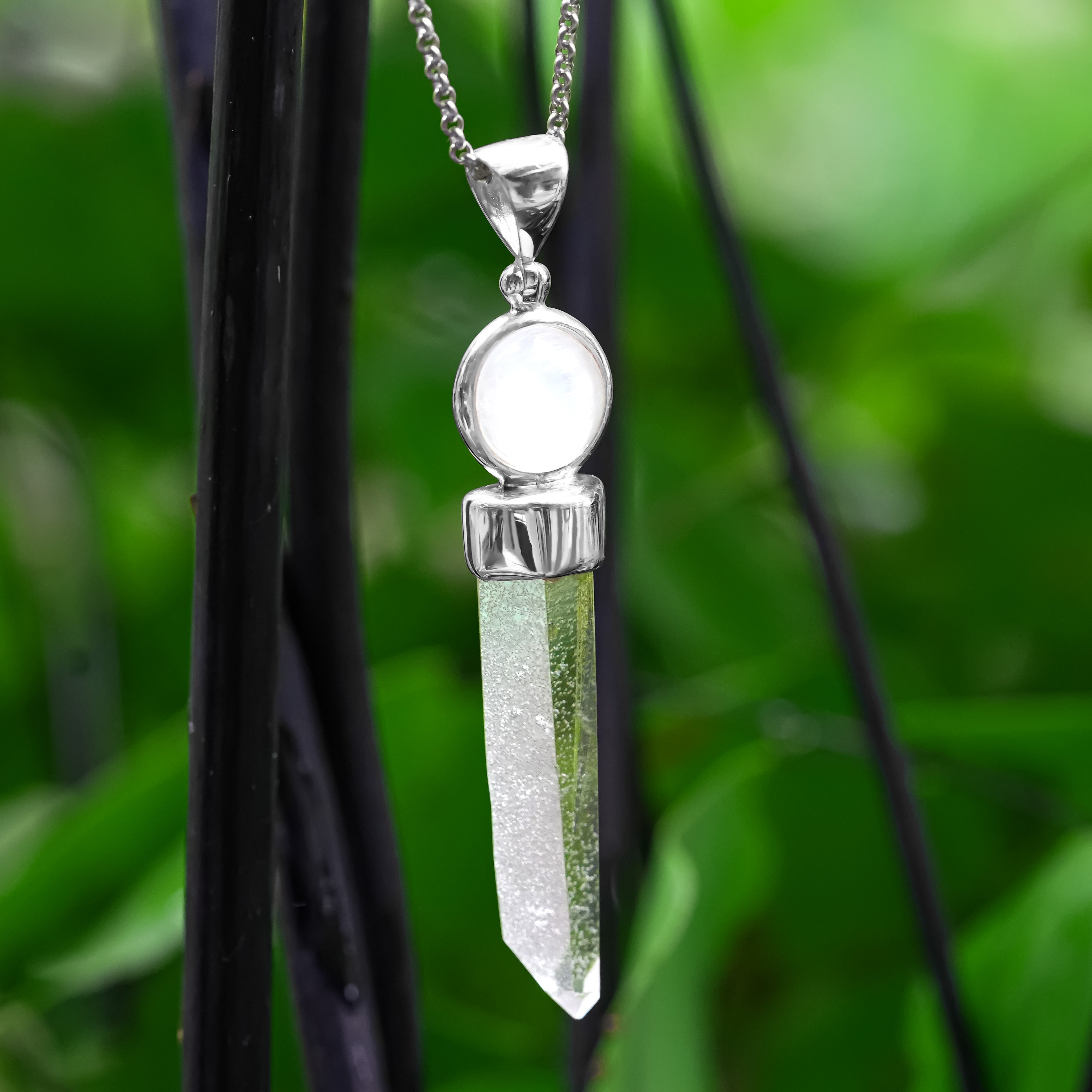 Starborn Quartz Crystal and Sphere Selenite Pendant in Sterling Silver