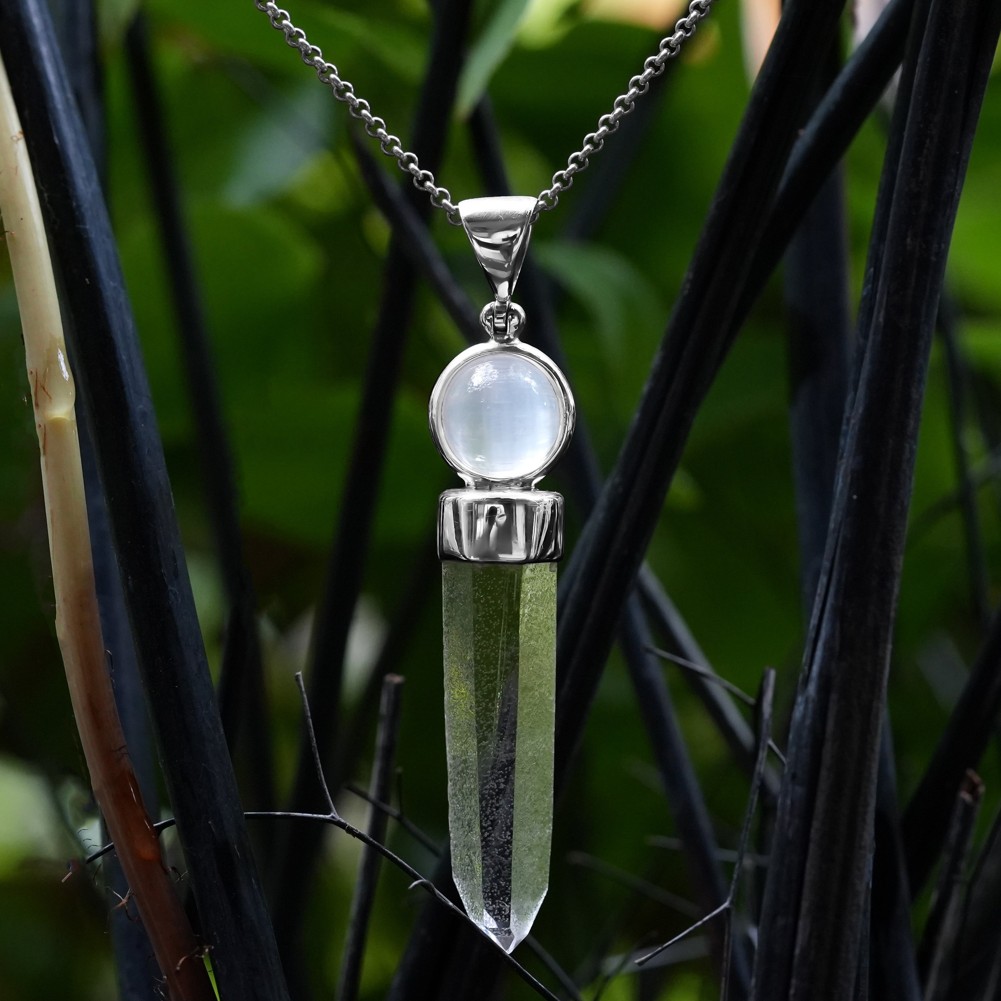 Starborn Quartz Crystal and Sphere Selenite Pendant in Sterling Silver