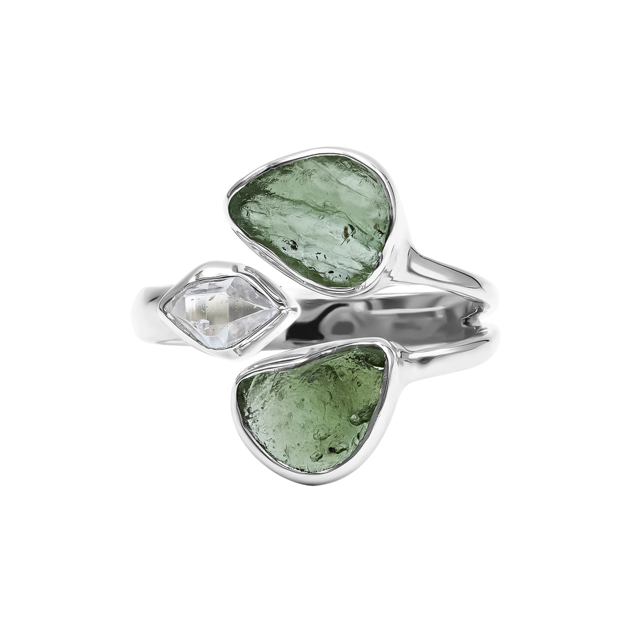 Starborn Moldavite and Herkimer Diamond Ring in Sterling Silver