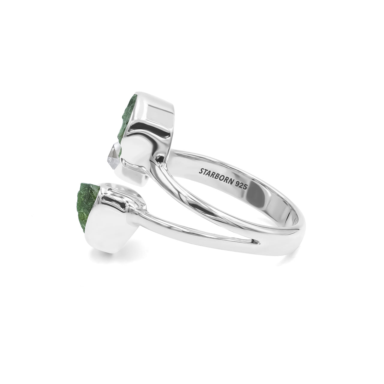 Starborn Moldavite and Herkimer Diamond Ring in Sterling Silver