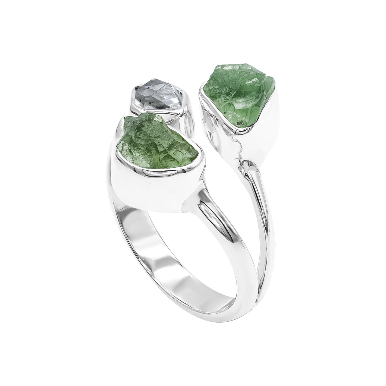 Starborn Moldavite and Herkimer Diamond Ring in Sterling Silver