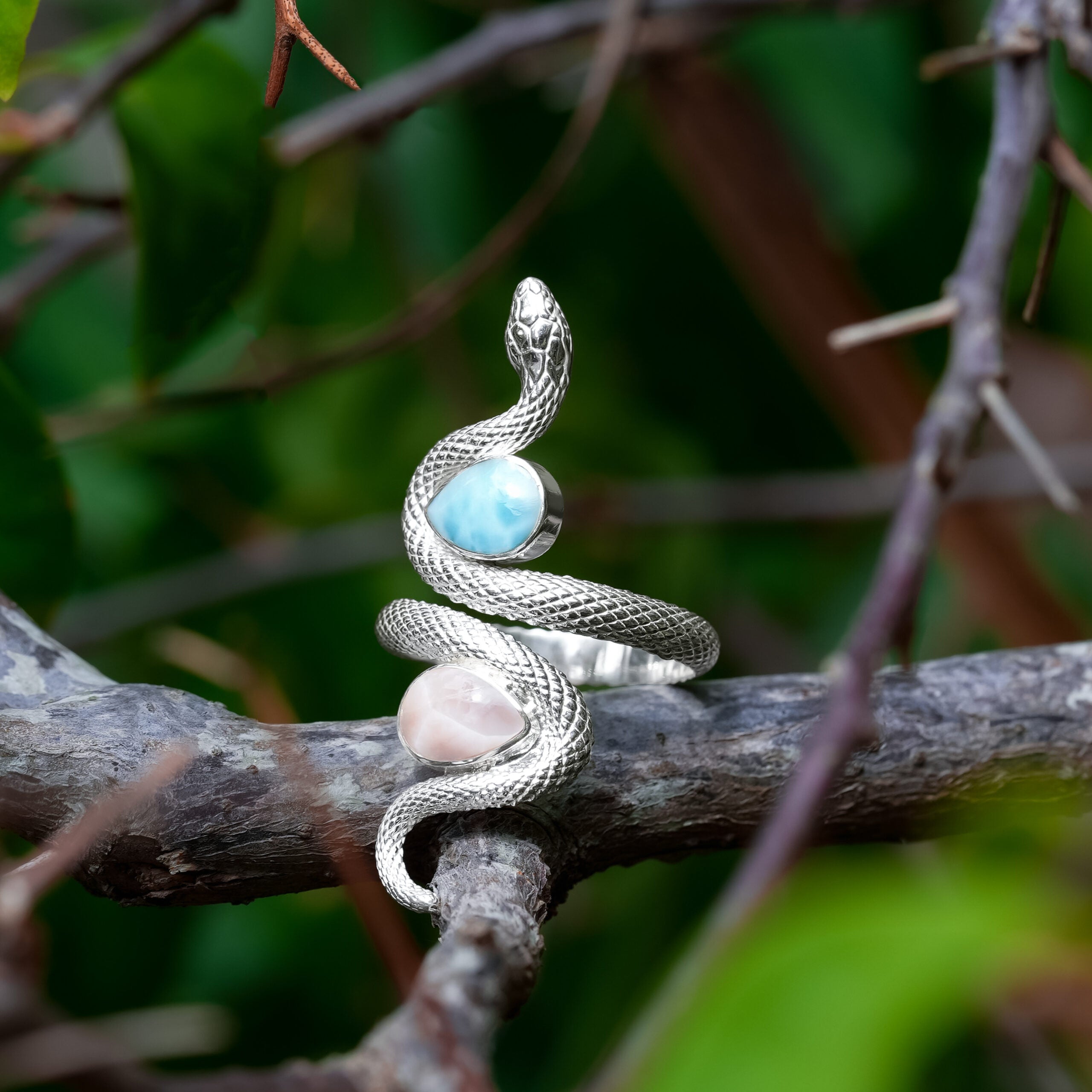 Snake Ring with Dual Larimar &amp; Pink Natrolite