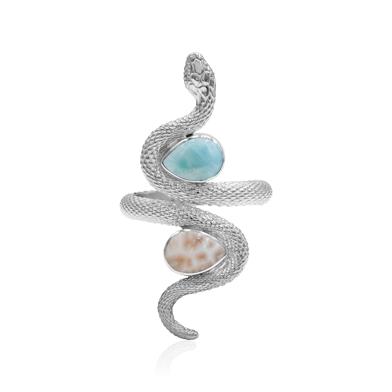 Snake Ring with Dual Larimar &amp; Pink Natrolite