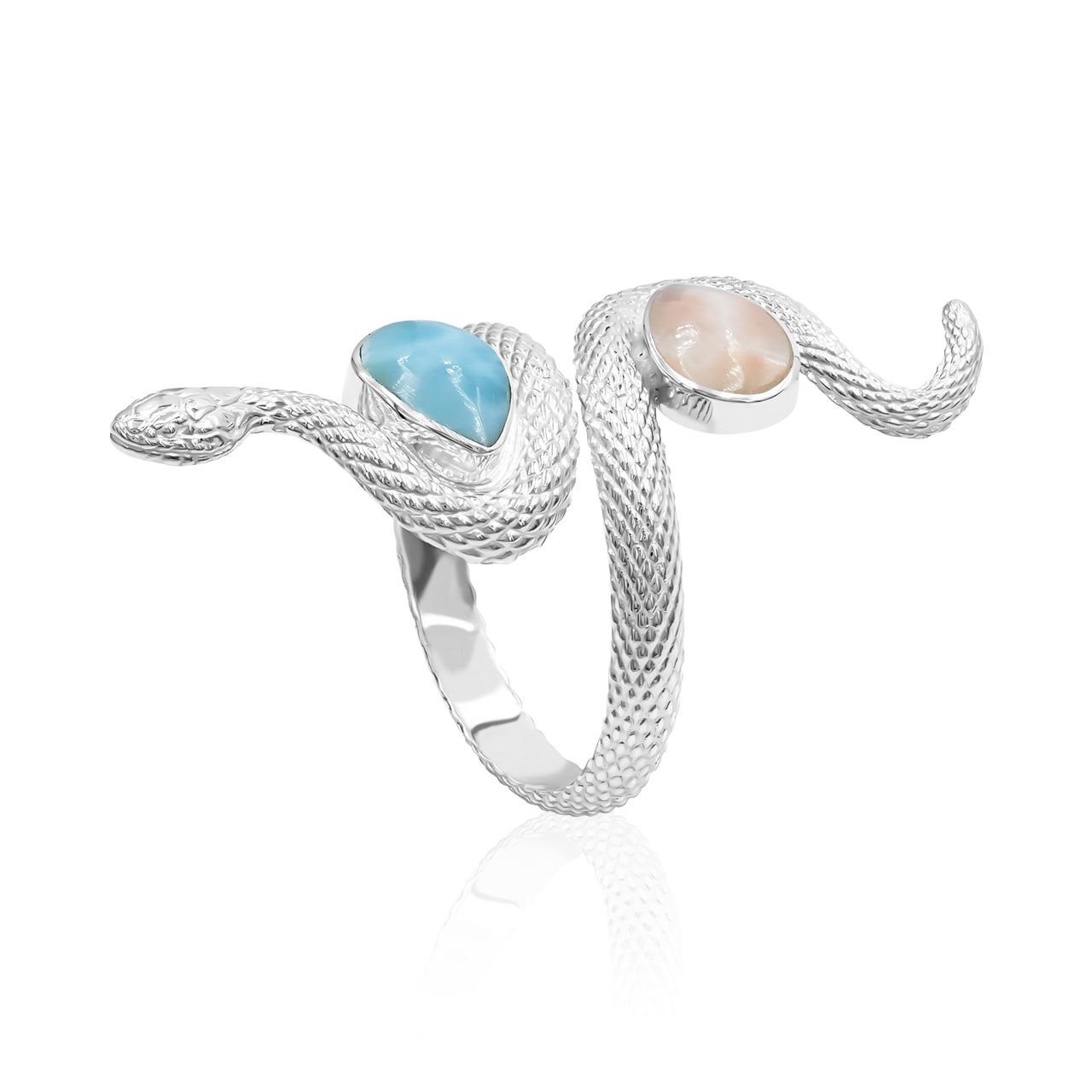 Snake Ring with Dual Larimar &amp; Pink Natrolite