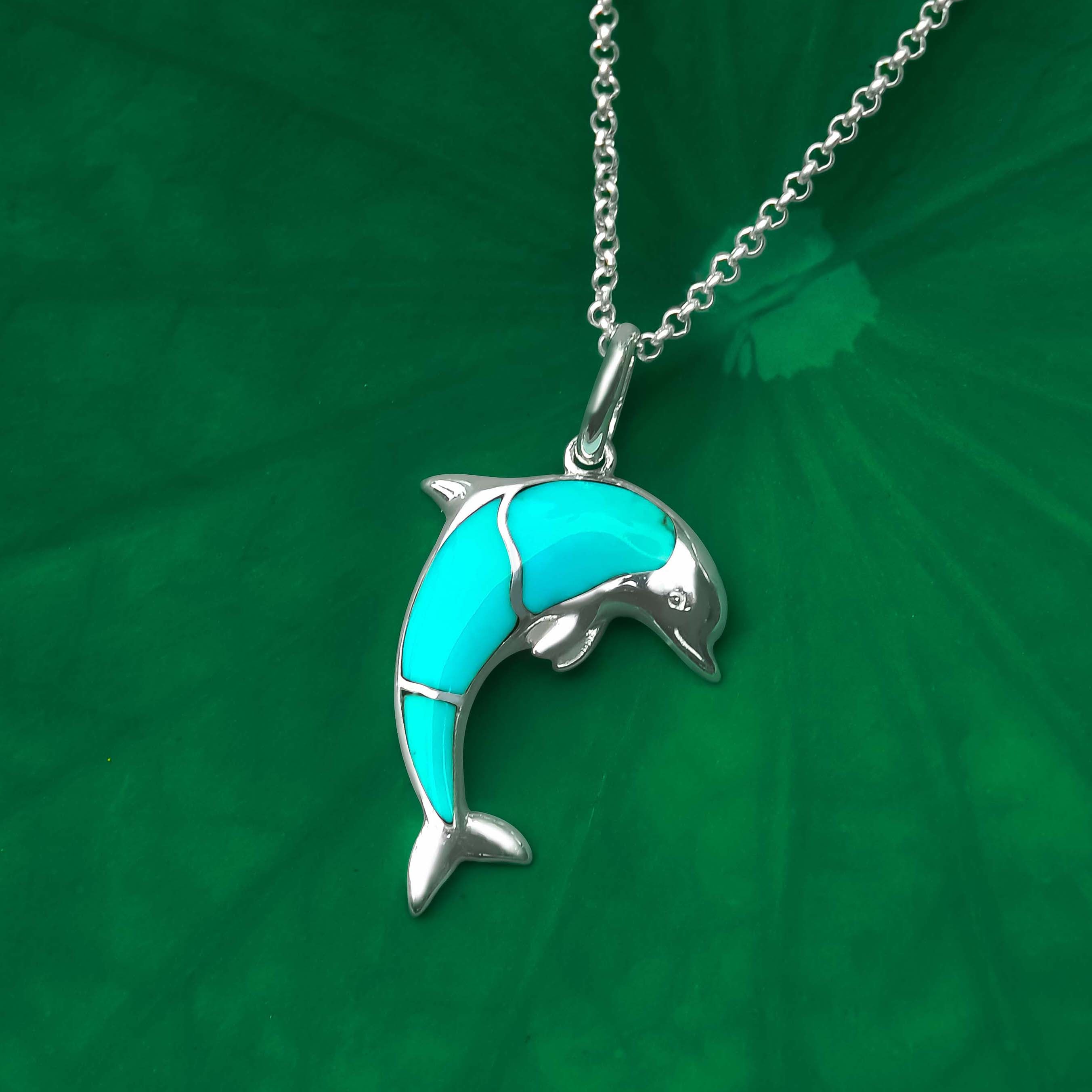 Starborn Sleeping Beauty Turquoise Inlay Dolphin Pendant in Sterling Silver