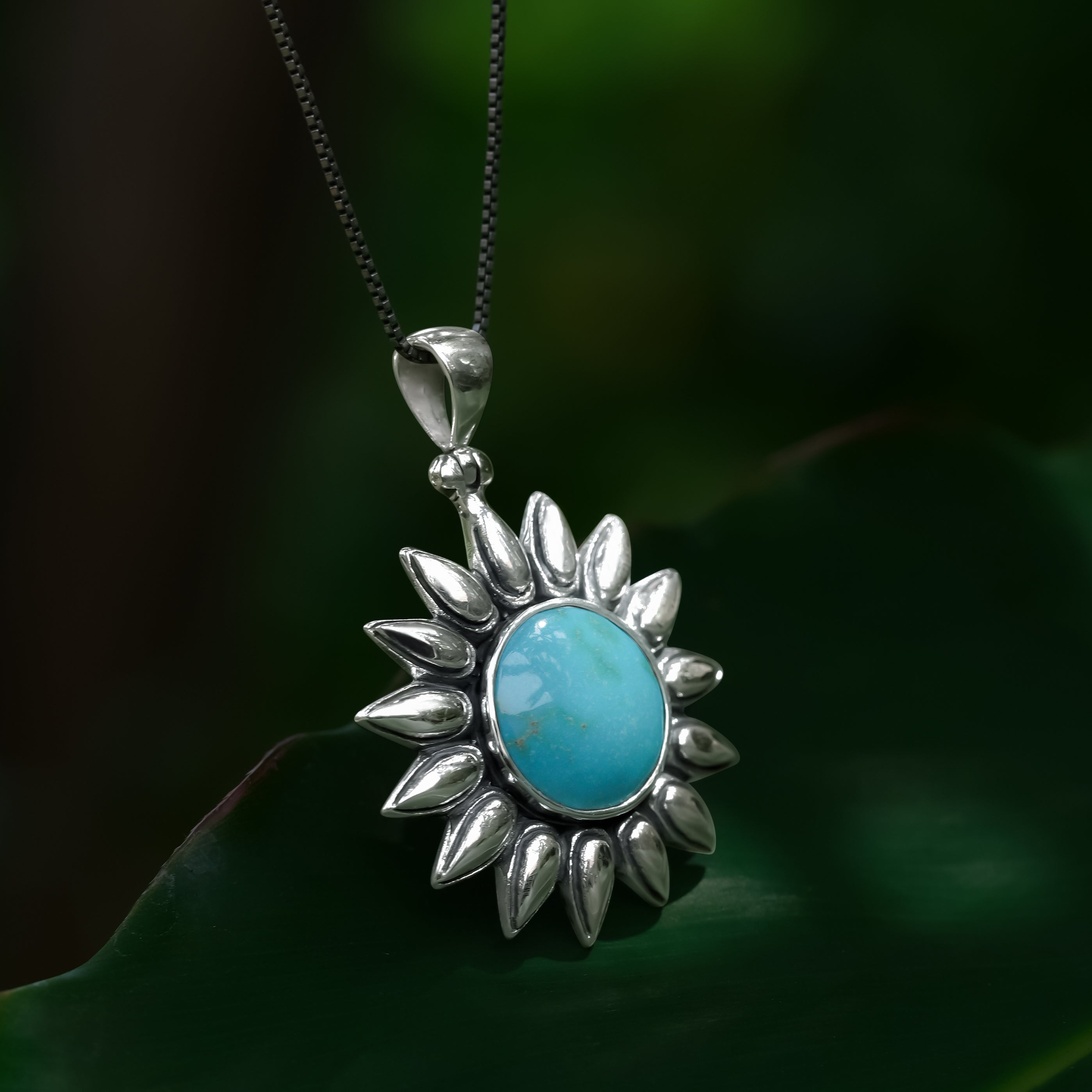 Starborn Sleeping Beauty Turquoise Sunflower Pendant in Sterling Silver