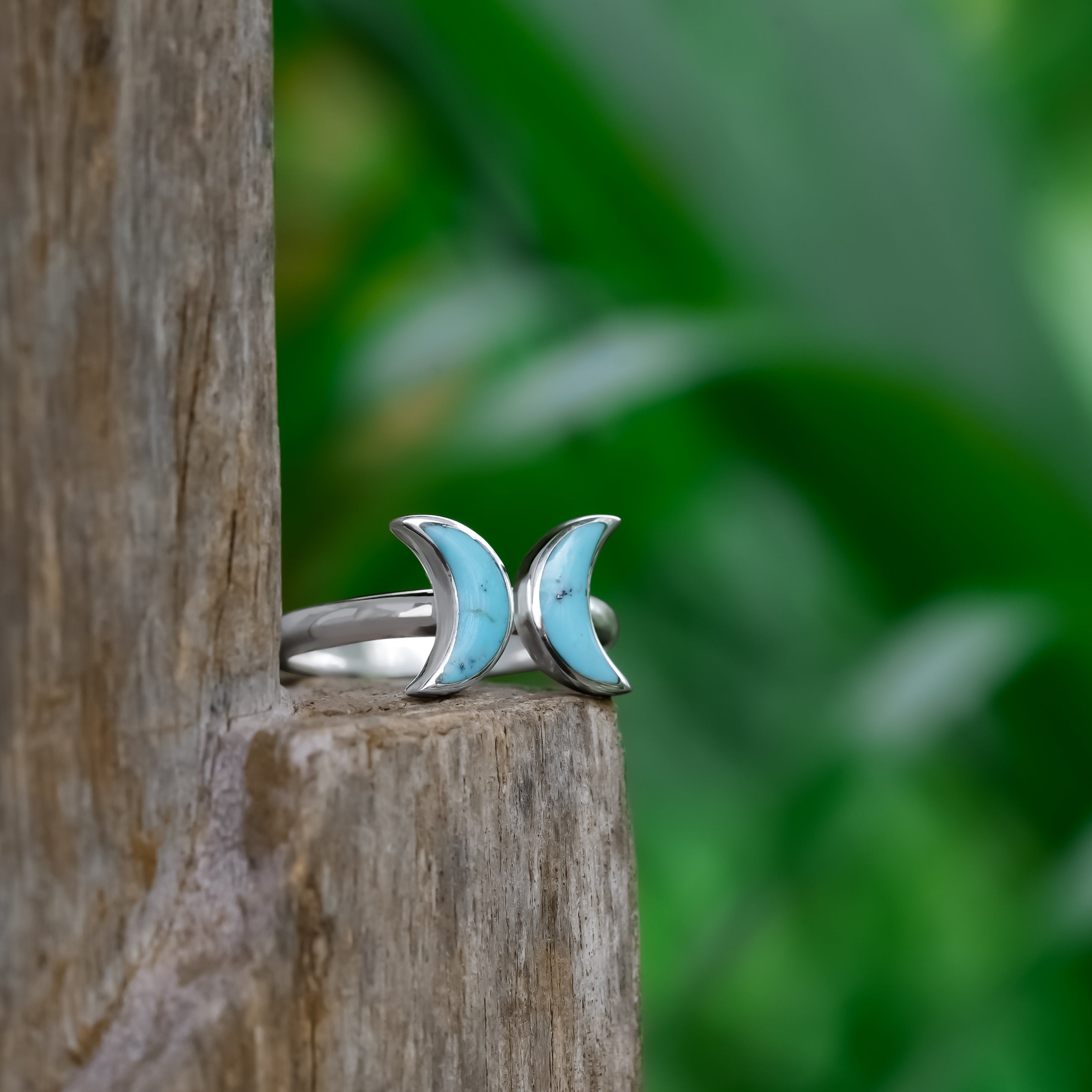 Starborn Sleeping Beauty Turquoise Double Crescent Moon Rings in Sterling Silver