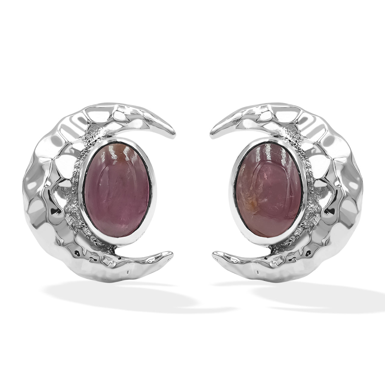 Starborn Tourmaline 6mm Oval Cabochon Post Style Earrings with Hammered Crescent Accent in Sterling Silver