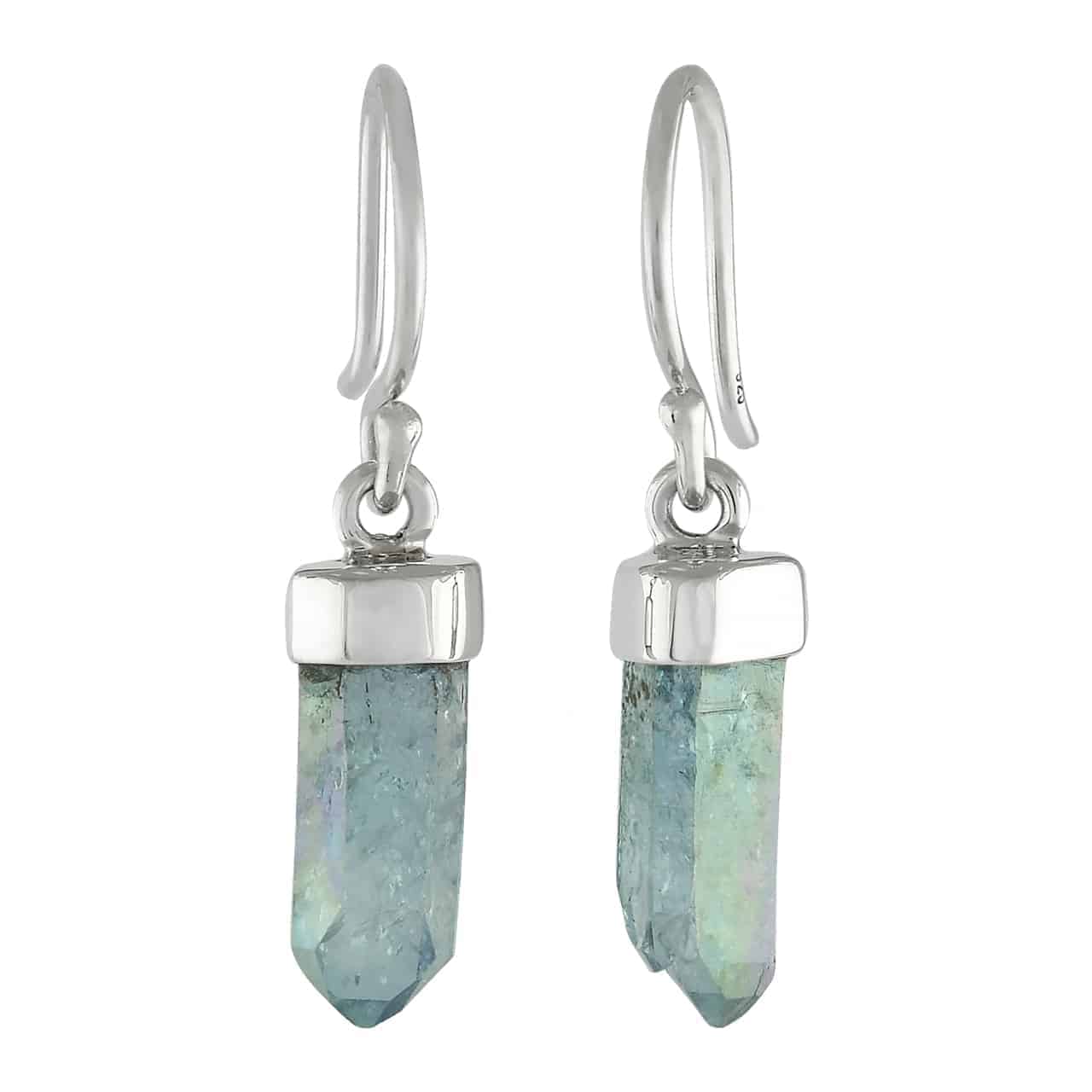 Aqua Aura Quartz Crystal Point Drop Earrings