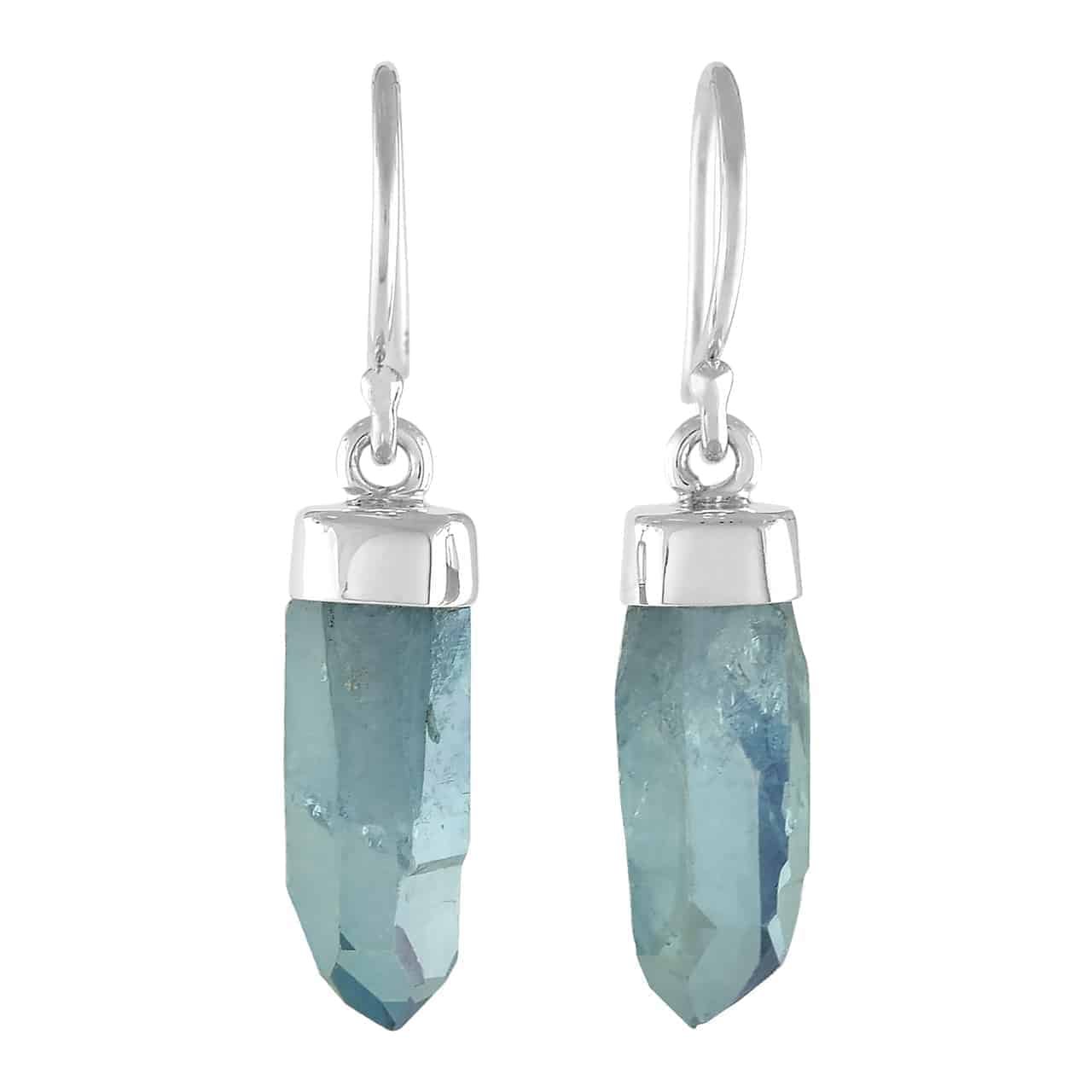 Aqua Aura Quartz Crystal Point Drop Earrings