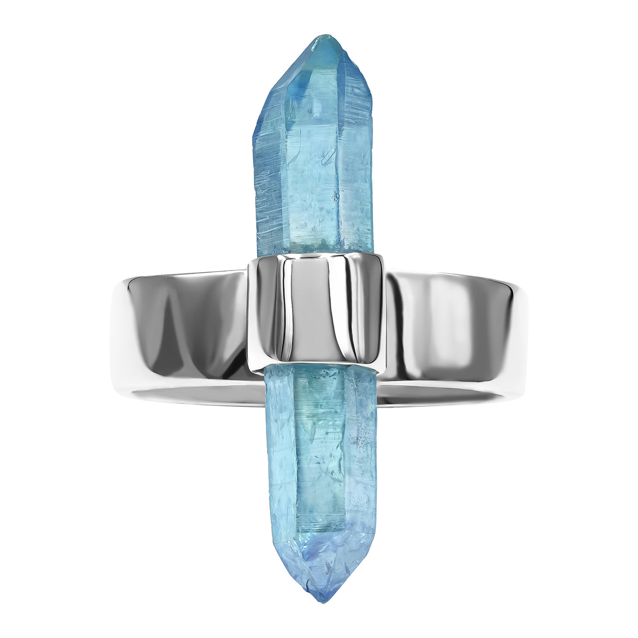 Aqua Aura Quartz Crystal Ring with Silver Band