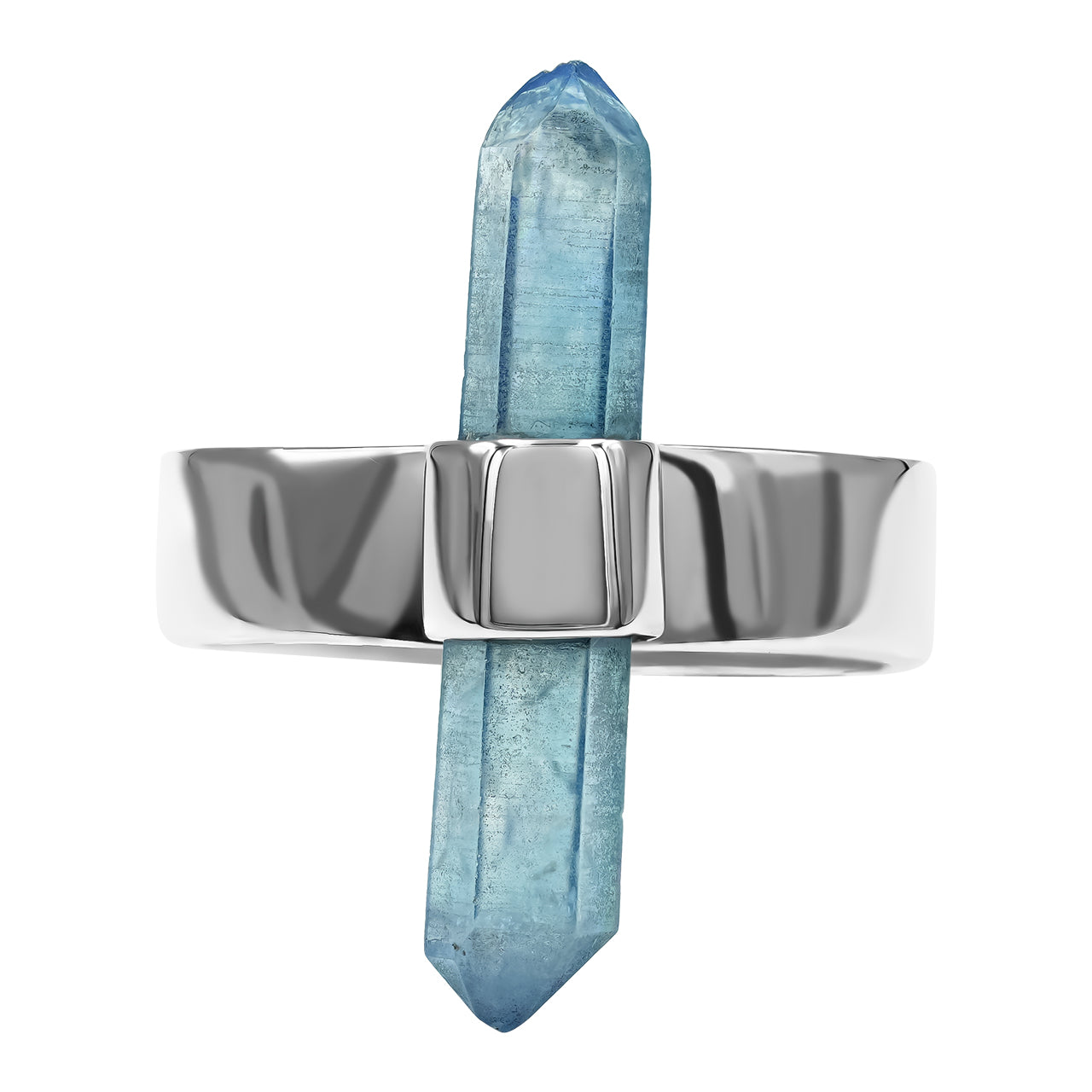 Aqua Aura Quartz Crystal Ring with Silver Band