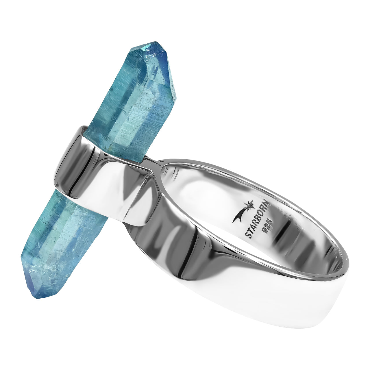 Aqua Aura Quartz Crystal Ring with Silver Band