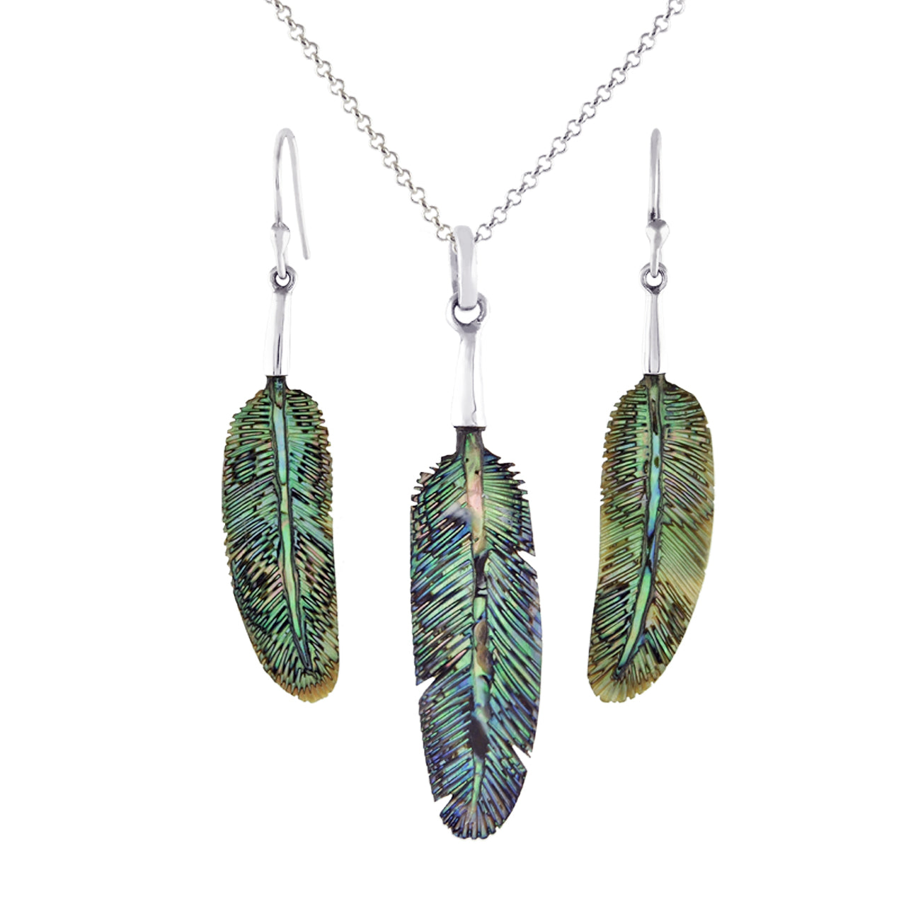 Abalone Shell Feather Carving Jewelry Set