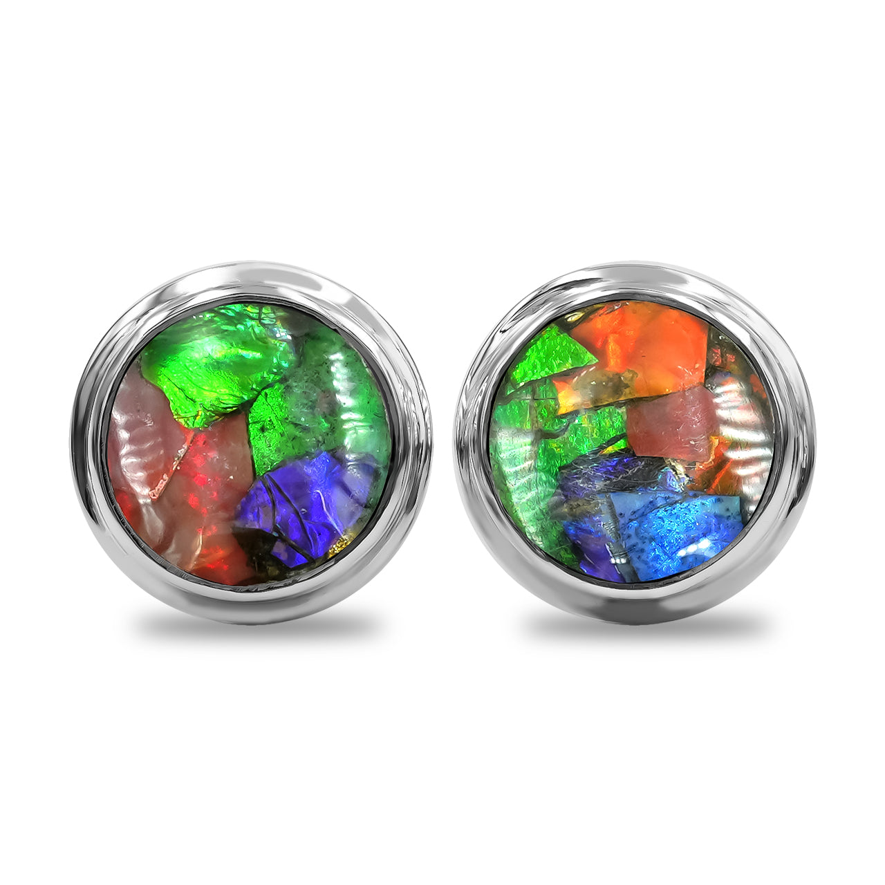 Round 8 mm Ammolite Double Bezel Set Post Style Earrings