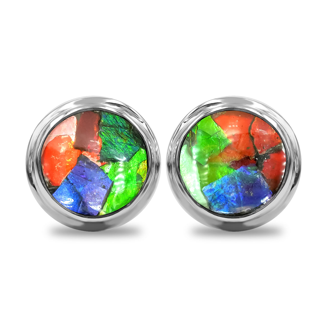 Round 8 mm Ammolite Double Bezel Set Post Style Earrings