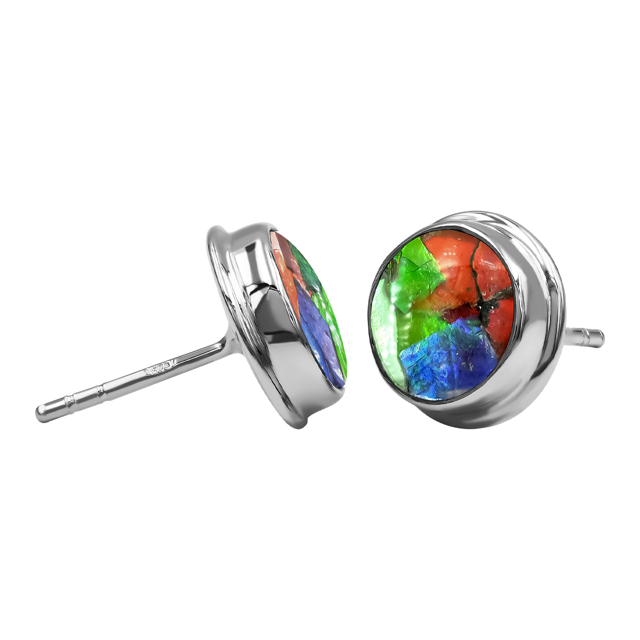 Round 8 mm Ammolite Double Bezel Set Post Style Earrings