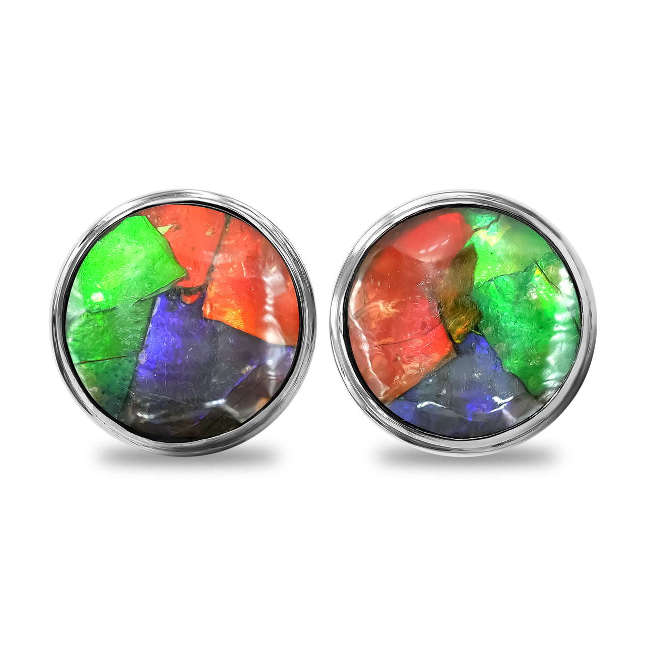 Round 10 mm Ammolite Double Bezel Set Post Style Earrings