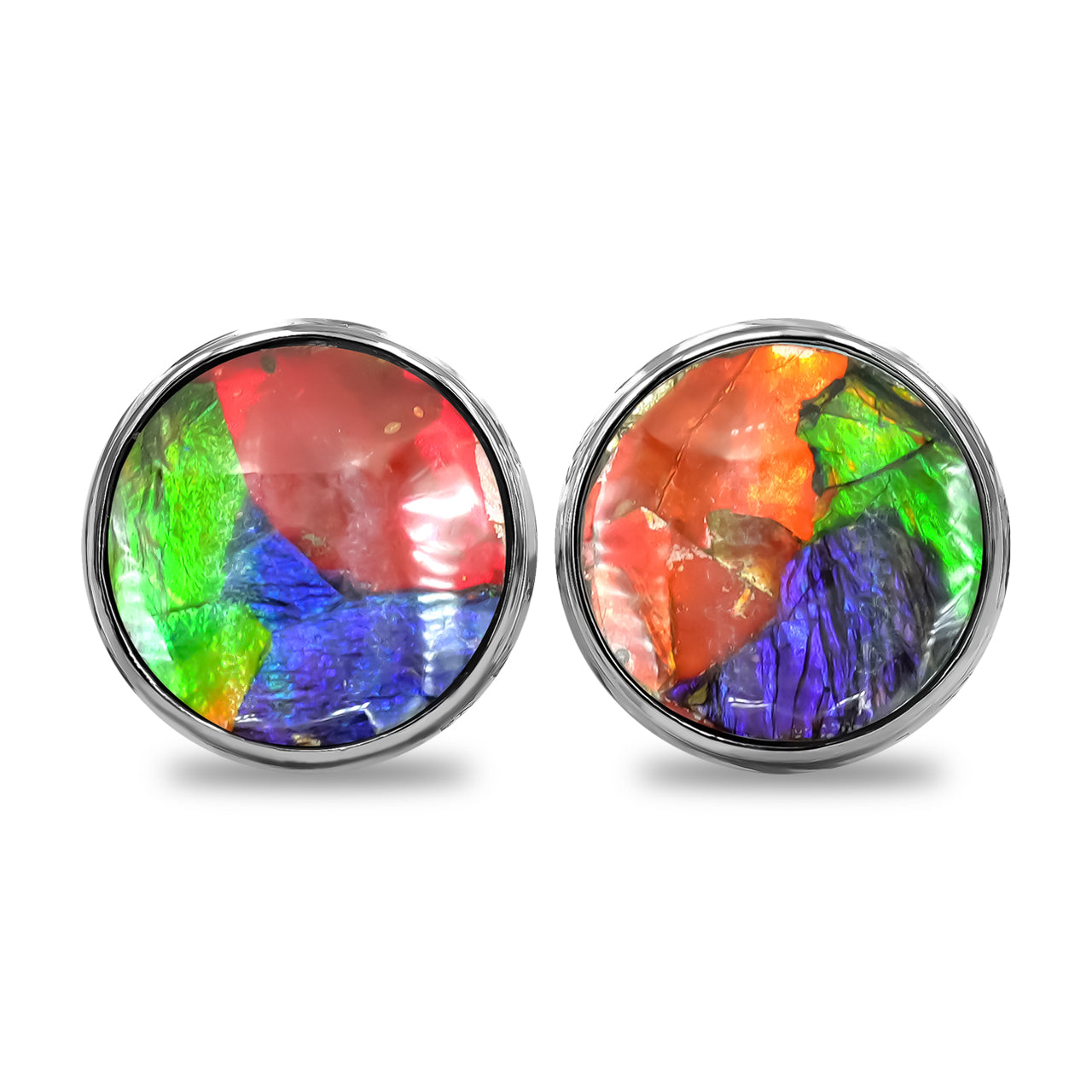 Round 10 mm Ammolite Double Bezel Set Post Style Earrings